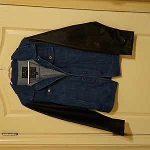 Denim jacket with faux leather sleeves